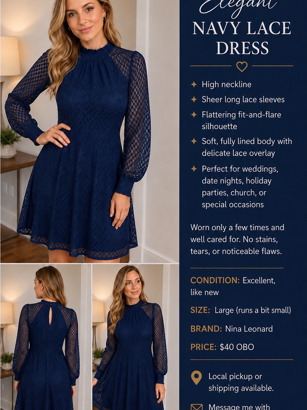 Nina Leonard Navy Long-Sleeve Lace Fit & Flare Dress